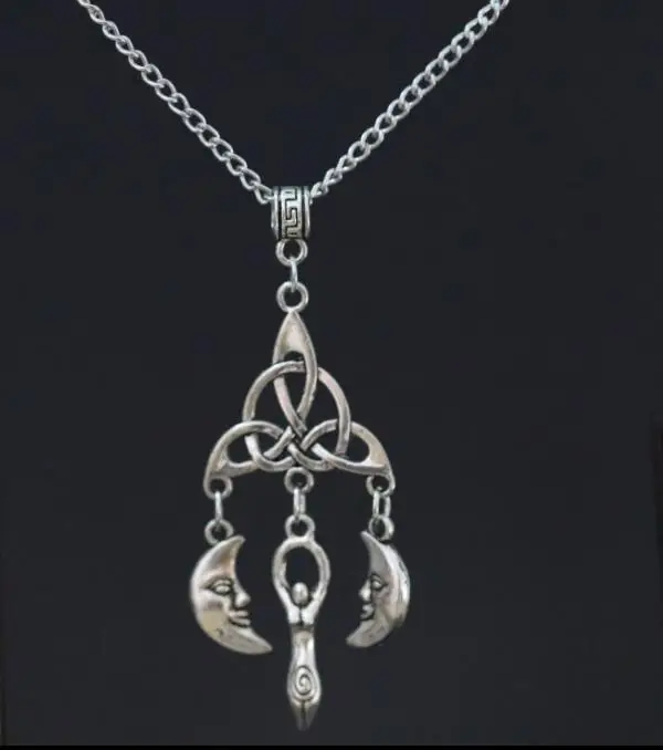 

Triangle Trinity Knot & Fertility Moon Goddess Mother Earth Pendant Chain Silver Charms Wiccan Pagan Necklace ~ Christmas Gift