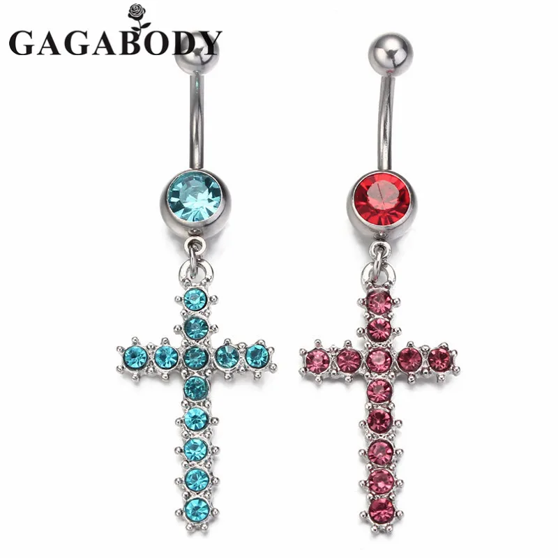 14G Cross Dangle Navel Ring Crystal Belly Button Ring 1PC Navel Rings Sexy Body Piercing Jewelry