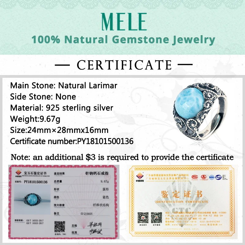 Natural blue Ларимар 925 Серебряные кольца для женщин и человека, 13 мм круглой огранки драгоценных камней с винтажным резьба fine jewelry
