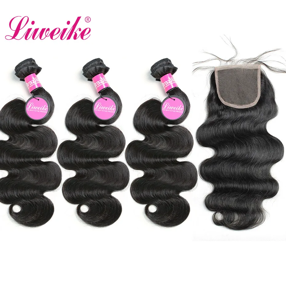

Liweike Body Wave 2 3 4 Bundles With 4*4 Closure Brazilian Remy 100% Human Hair Weave Extensions Natural 1B Color Wavy Weft