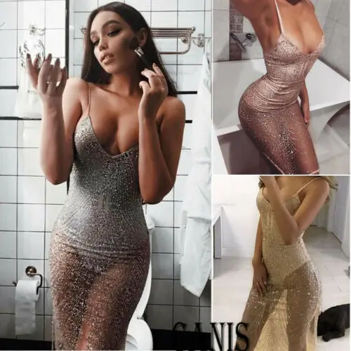 

2019 Hot Women Sexy Sequin Bodycon V Neck Club Wear Evening Party Club Crystal Sling Dress