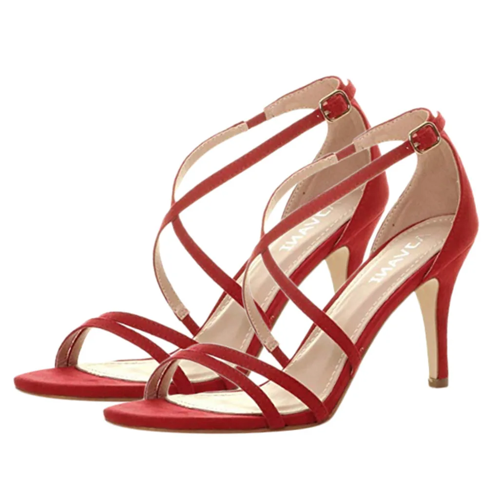 

High Heel Strappy Party Wedding Red sandal Women's Prom Ankle-Wrap ankle buckle Sandals Ladies summer height thin Heels Shoes