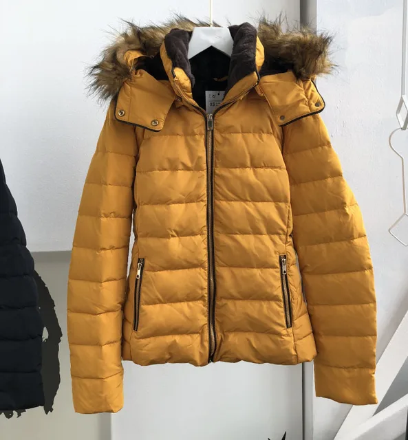 Woman Mustard Quilted ANORAK Down Jackets Hooded Faux Fur trim High