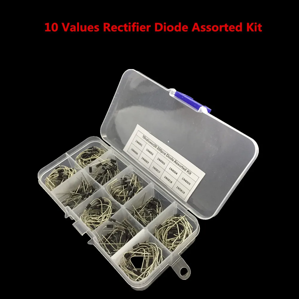 

200Pcs 10 Values Rectifier Diode Assorted Kit 1N4001 1N4002 1N4003 1N4004 1N4005 1N4006 1N4007 1N5817 1N5818 1N5819 + Box