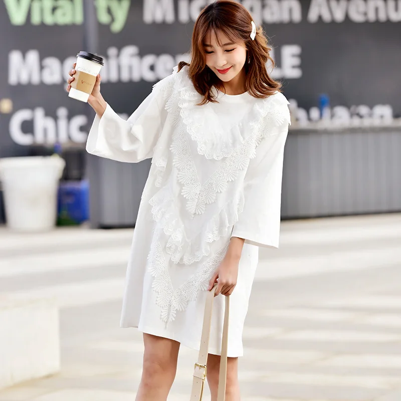 

[EWQ] 2019 summer new Korean style sweet Round neck lace stitching high quality Three Quarter sleeve loose trend women QG97100