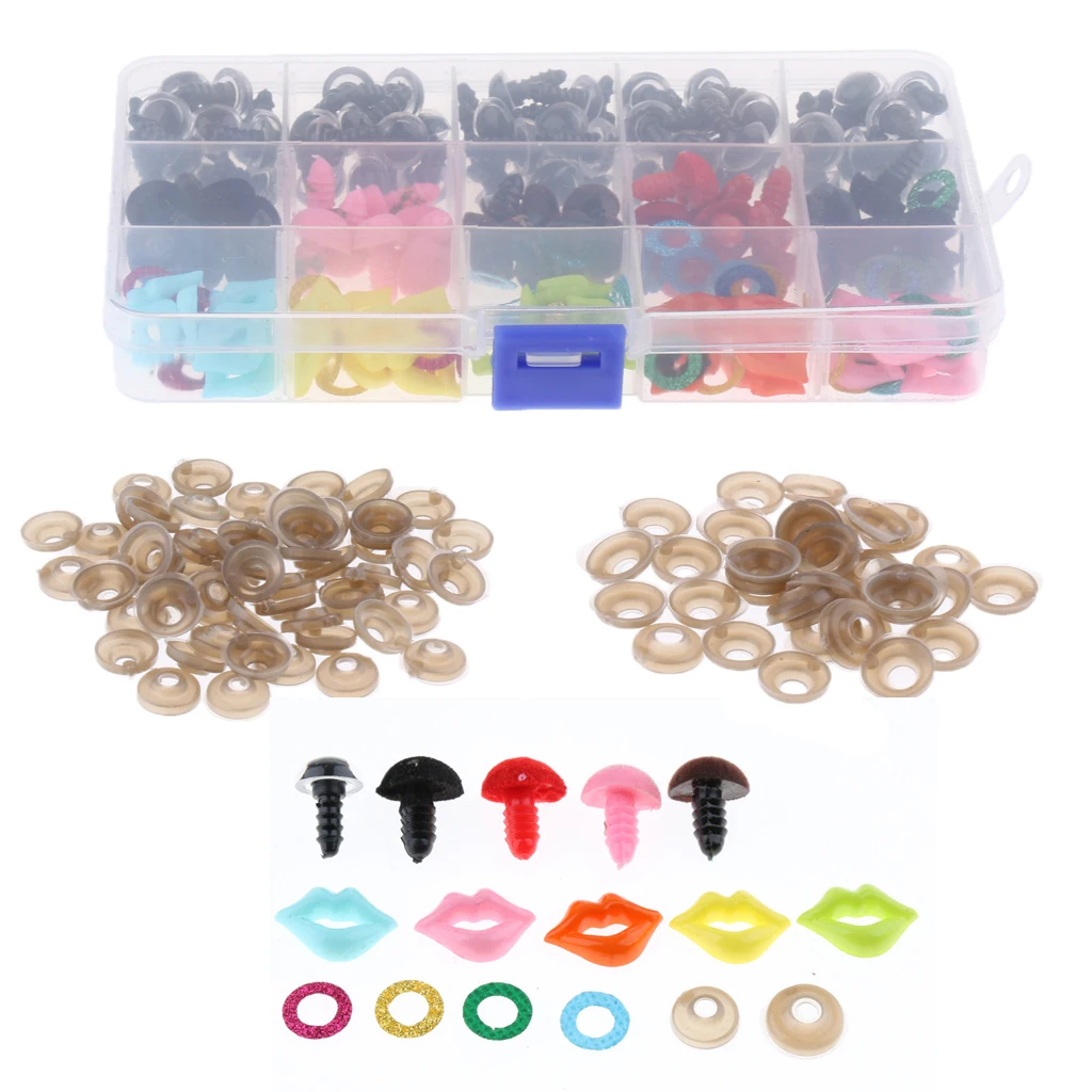 70pcs 12cm Plastic Safety Eyes + Glitter Nonwovens + 35pcs Velvet Noses + 35pcs Mouth + Washers for Soft Stuffed Plush Toy DIY