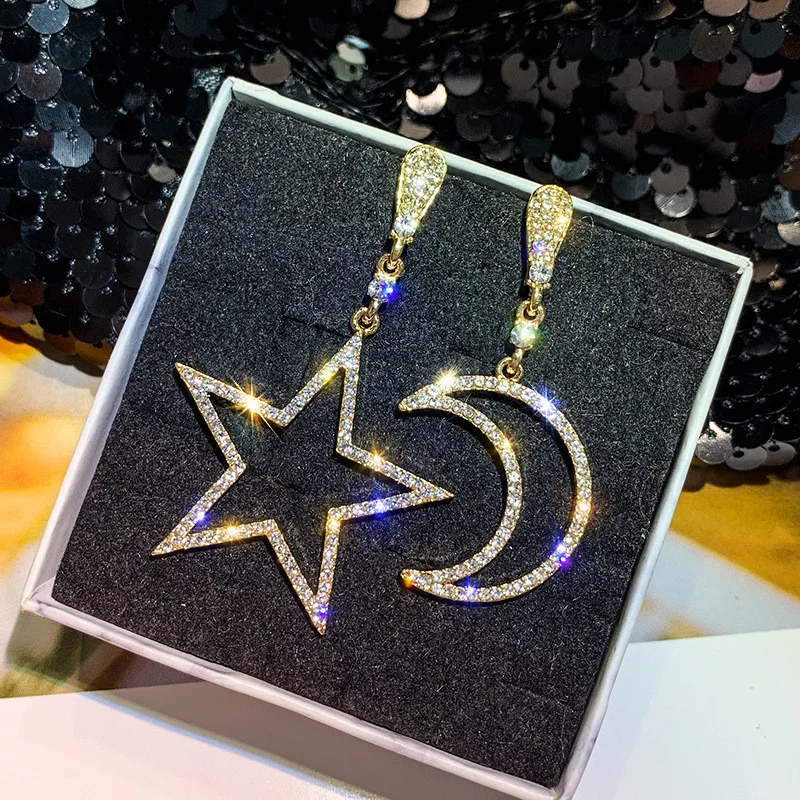 

FYUAN Shiny Asymmetry Drop Earrings for Women Bijoux 2019 Star Moon Rhinestone Dangle Earrings Statement Earrings Jewelry Gifts