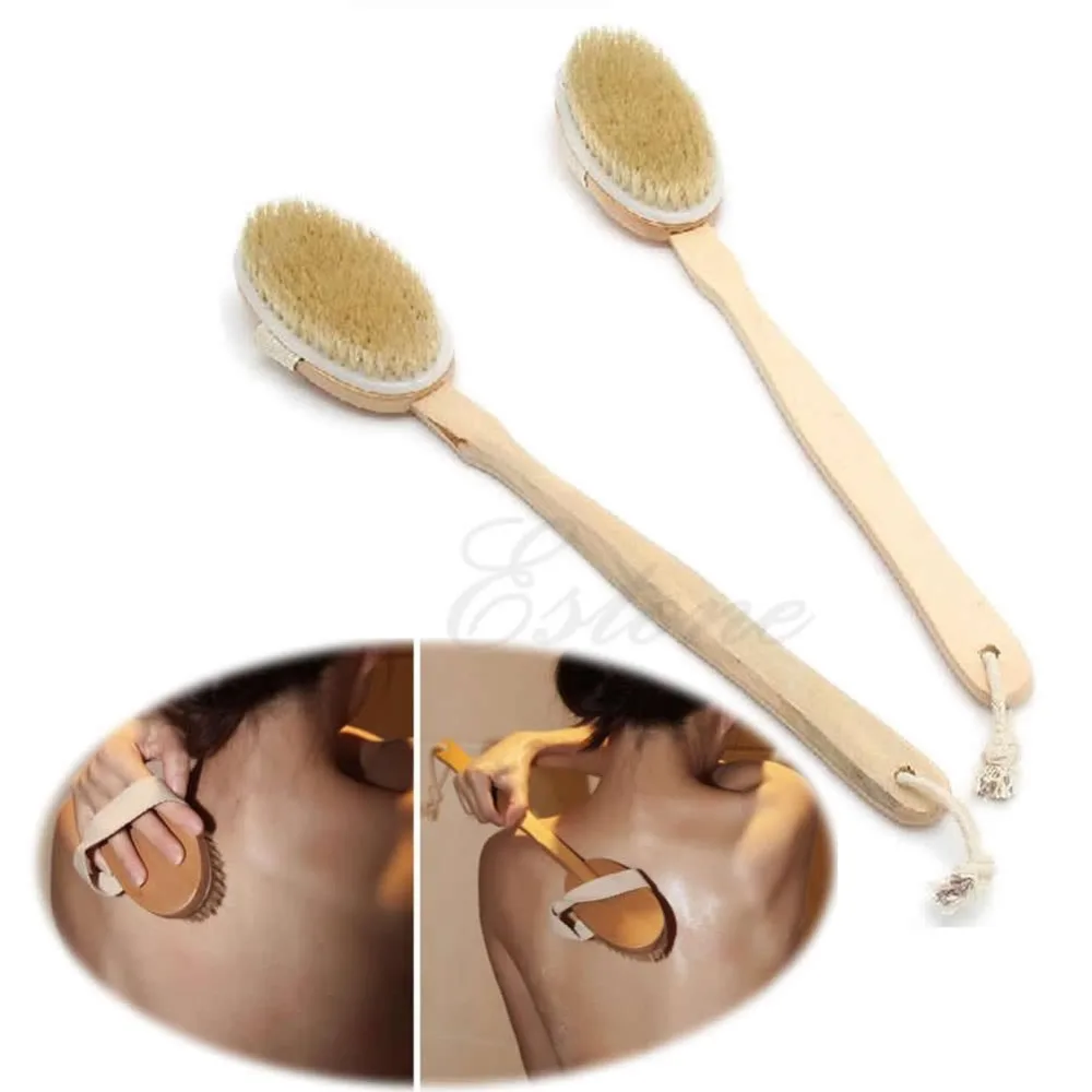 Natural Long Wood Wooden Body Brush Massager Bath Shower Back Spa Scrubberin Bathroom