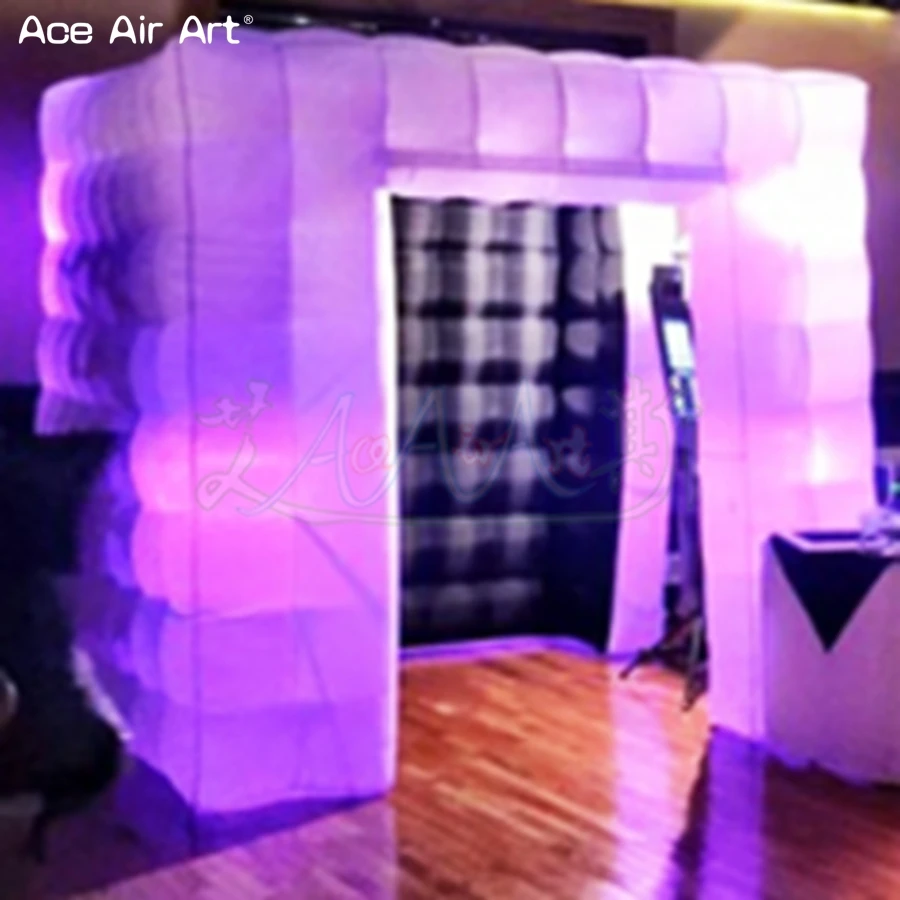 Black interior 2.4m led bulb lights cube inflatable photo kiosk,1/2 doors selfie photo backup come with blower inside for rental