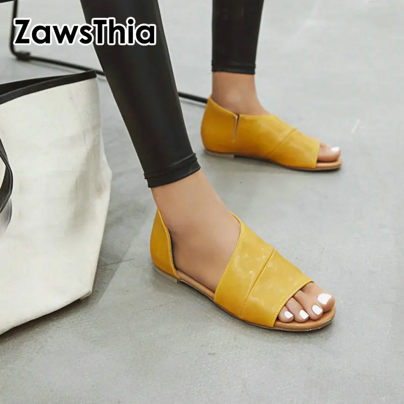

ZawsThia 2019 summer cheap PU open toe yellow black brown casual flats woman shoes slip-on women flat sandals big size 36-45
