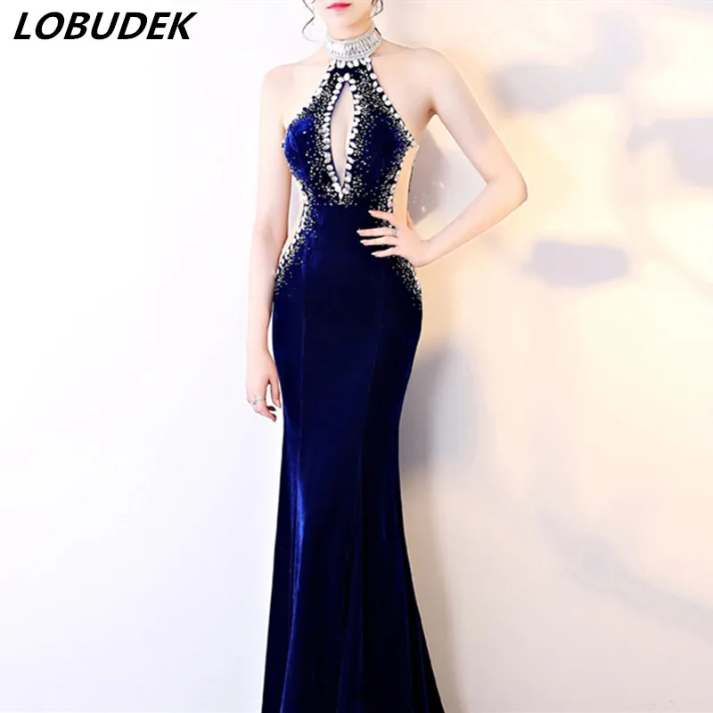 Female Halter Backless long fishtail dress Sexy Perspective Crystals
