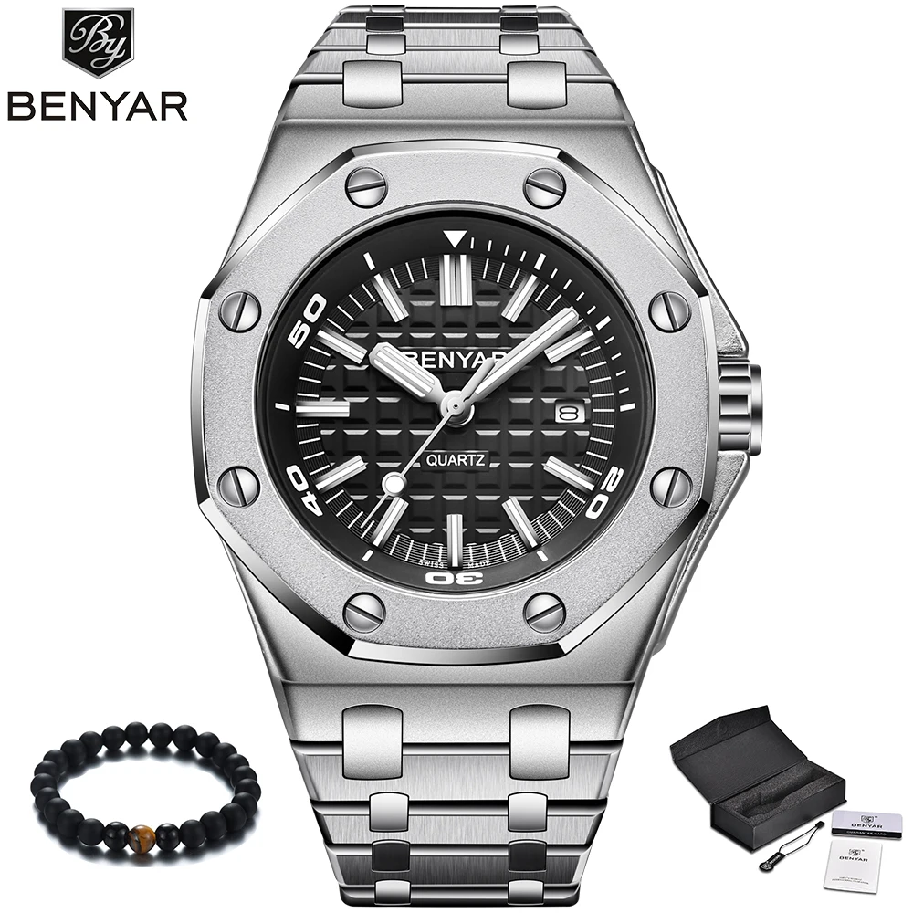

BENYAR Luxury Brand Quartz Watch Men 2019 New Style Silver Stainless Steel Band Military Watch Causal Fashion Wristwatch Mens