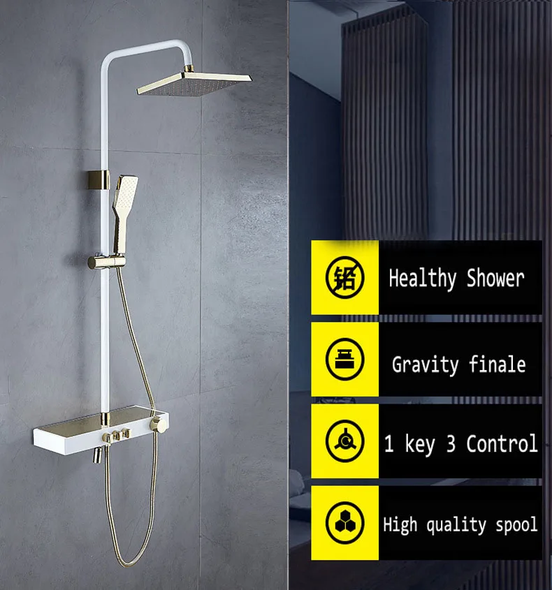

Matt Black Bathroom Rain Shower Set System White Wall Mounted Mixer Bath Shower Faucet Gold