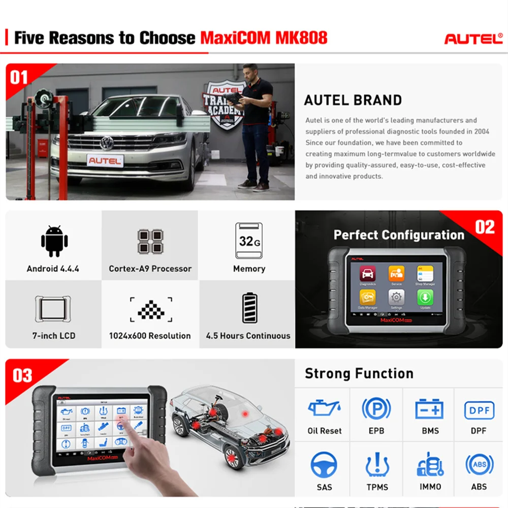 Autel MaxiCOM MK808 OBD2 ماسحة المهنية تشخيص أداة مسح ضوئي OBD 2 رمز قارئ ODB2 مفتاح الترميز منع الحركة MX808 MD802
