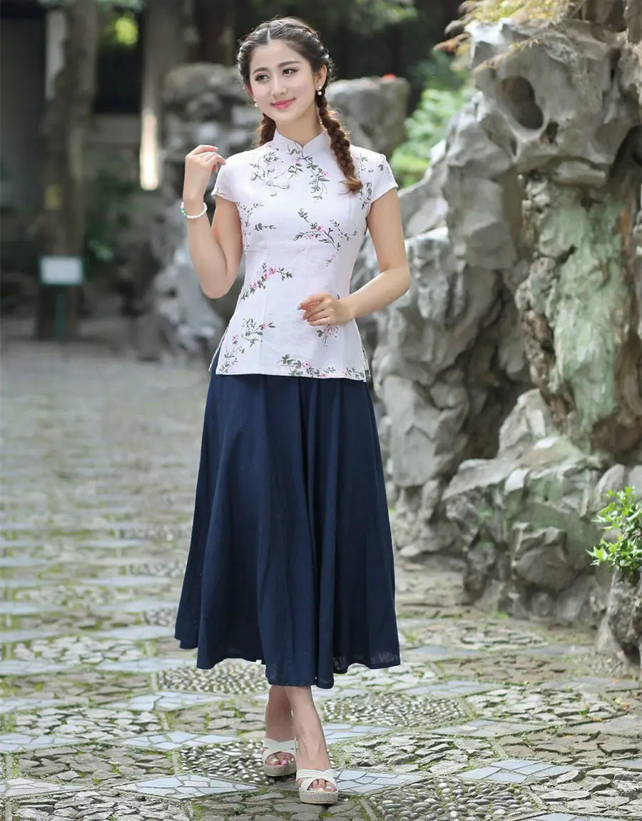 Лидер продаж, летние женские рубашки Юбки, комплекты, традиционный китайский стиль, хлопок, лен, костюм Тан Размер S M L XL XXL XXXL 2518-2 - Цвет: Style 1