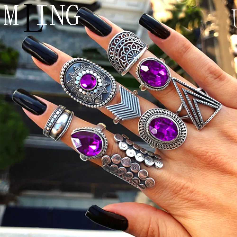 

MLING 9 Pcs/Set Vintage Purple Crystal Ring Bohemian Sector Water Drop Triangle Geometric Ring Set For Women