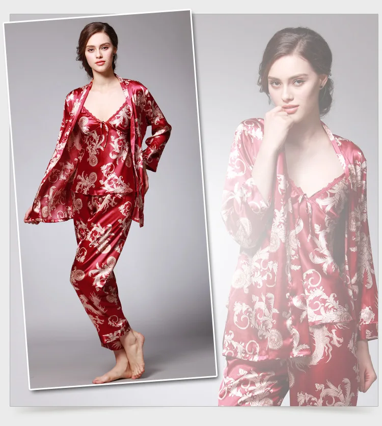 QWEEK Sexy Sleep Lounge 3 Pieces V-Neck Women Pajamas Set Elegant Print Long Sleeve Pyjamas Women Sleepwear Women Nightwear