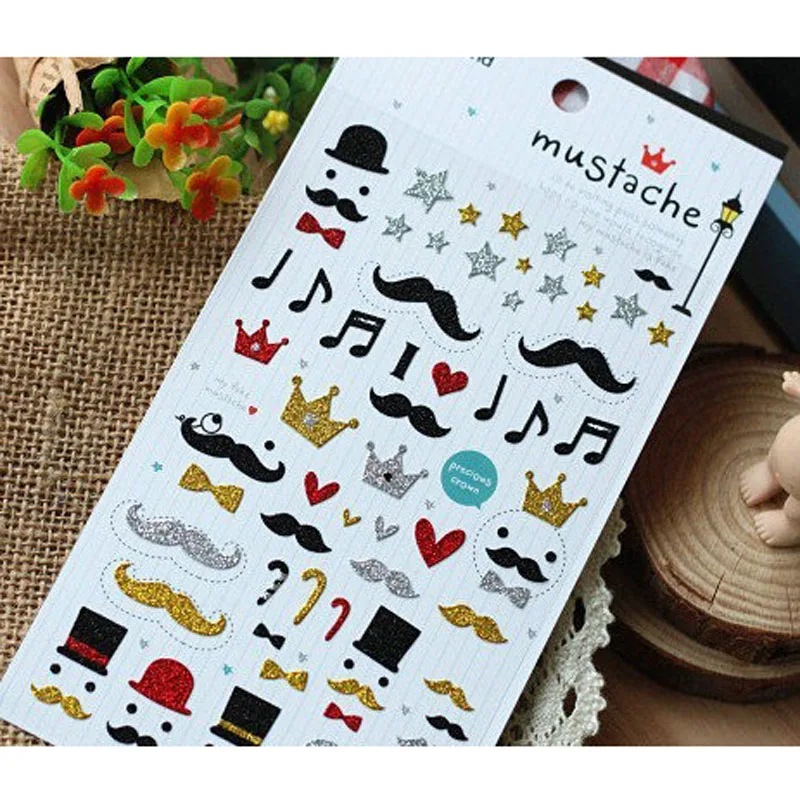 2packs Shiny 3D Mustache Sticker School DIY Scrapbook Notebook Phone Decor Plastic Sticker