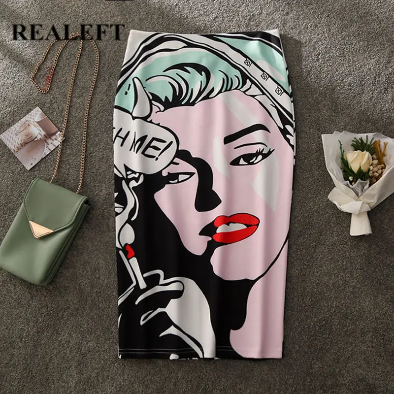 

REALEFT 2019 New Arrival Women Print Pencil Wrap Skirts New Arrival High Waist Knee-Length Bodycon Sheath Midi Skirts for Ladies