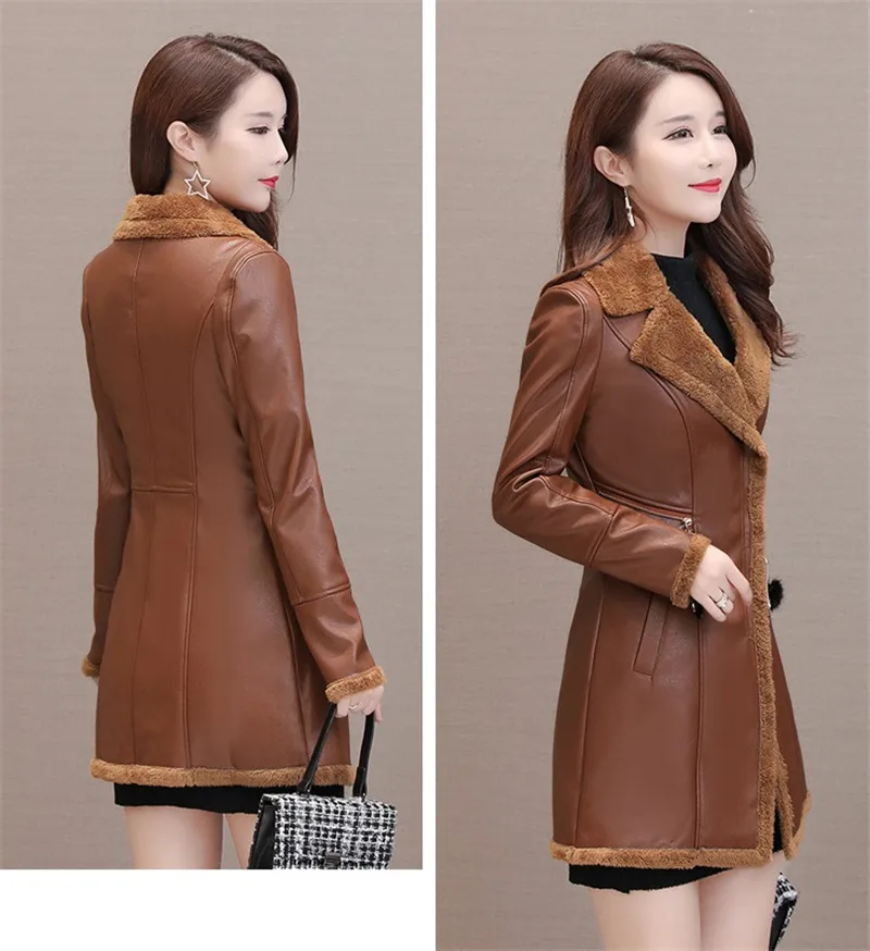 Women Leather Windbreaker Plus Velvet Thick PU Leather Cotton Coat Long Suit Collar Large Size Fashion Warm Leather Jacket