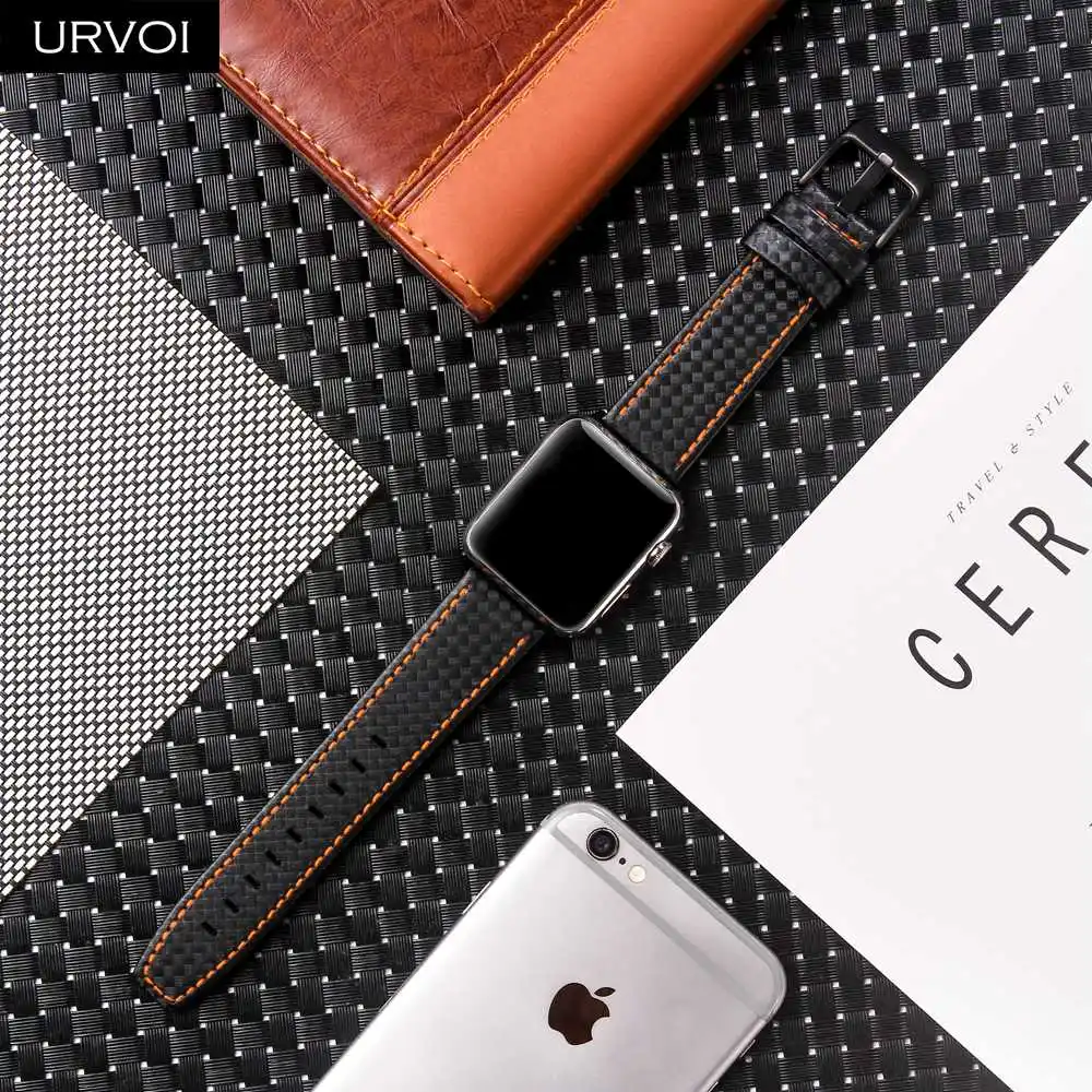 Ремешок URVOI для apple watch series 5 4 3 2 1 кожаный ремешок для iwatch 40 44 мм из нержавеющей стали с черной пряжкой из углеродного волокна