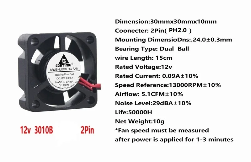 Gdstime 2 шт. 2,0 2Pin 30 мм x 10 мм DC 12 В шарикоподшипник 30x30x10 мм Бесщеточный вентилятор охлаждения Мини кулер высокоскоростной