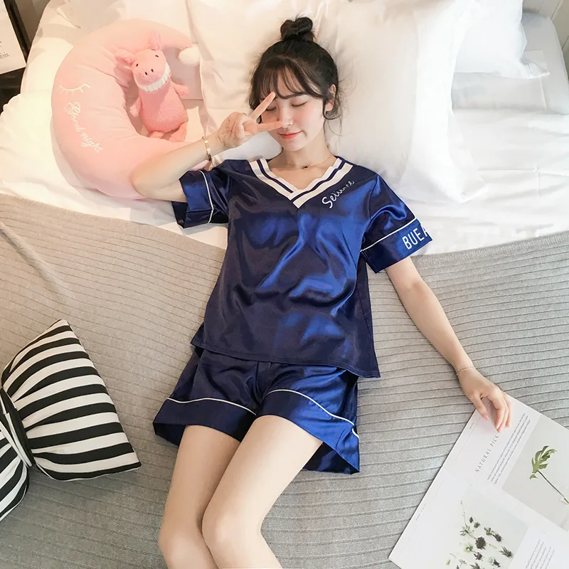 Pajama girls summer ice silk short sleeves two pieces of suit Korean fresh sweet lovely students thin silk home clothes - Цвет: B