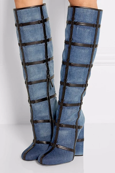 Новое поступление; синие джинсовые сапоги; женские сапоги до бедра на платформе; Сапоги выше колена с круглым носком на высоком каблуке; высокие сапоги на шпильке - Цвет: 17080100104