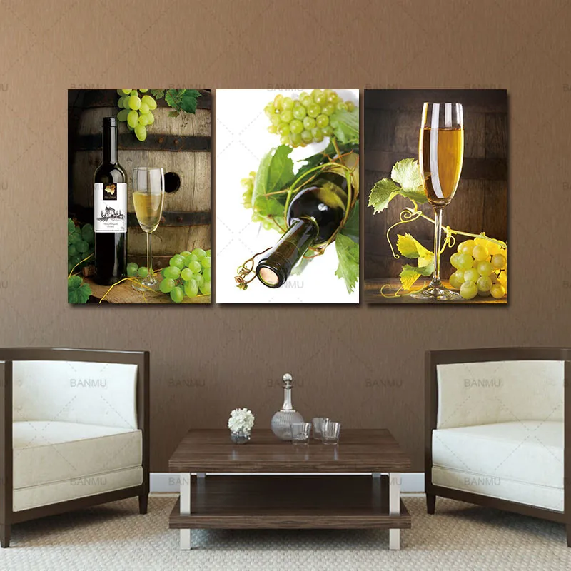 Настенные художественные картины 3 шт., настенные художественные картины с фруктовым виноградом, винным стеклом, современные картины на холсте для кухни, гостиной