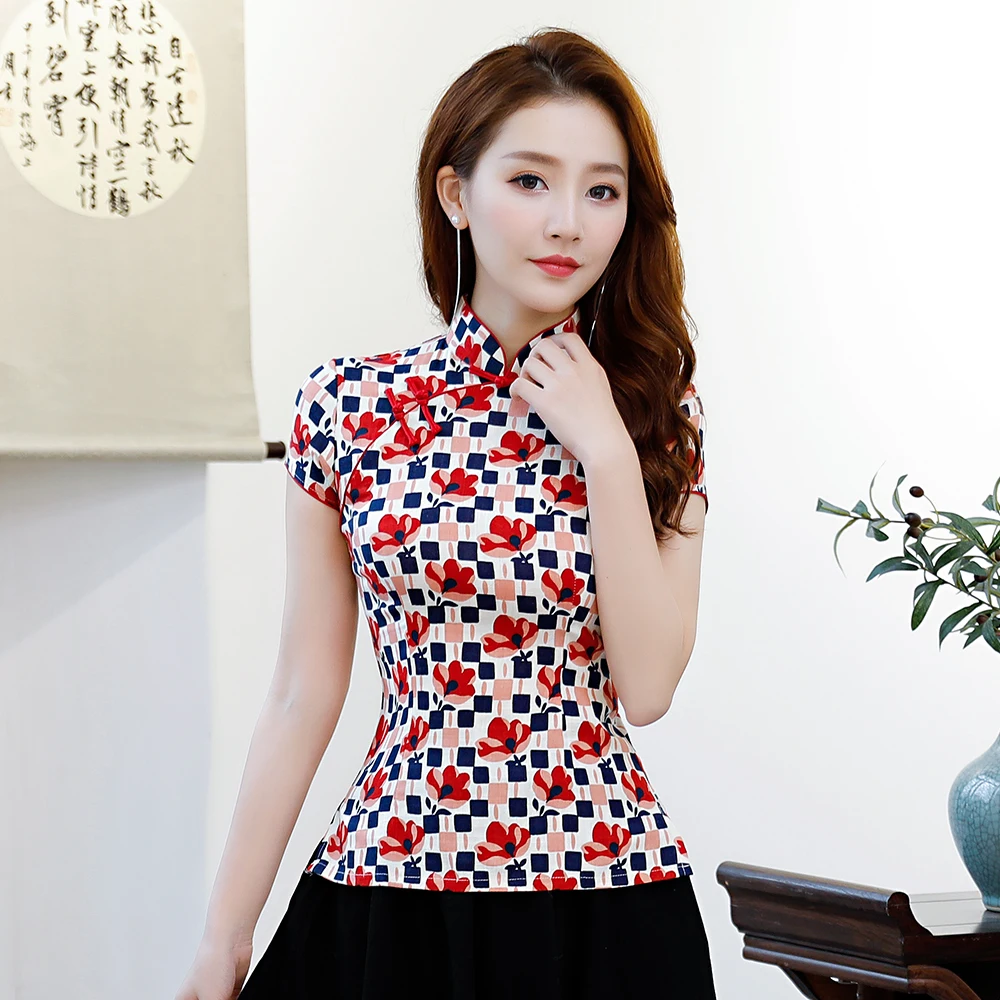 

Plus Size S-XXXL Women Vintage Tang Tops Summer Short Sleeve Blouse Print Floral Chinese Style Shirt Mandarin Collar Top