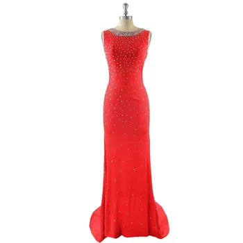 

2019 Sexy Red Sheath/Column Jewel Neck Sleeveless Zipper Sweep Train Satin Crystal Detailing Beading Formal Prom Dress Evening