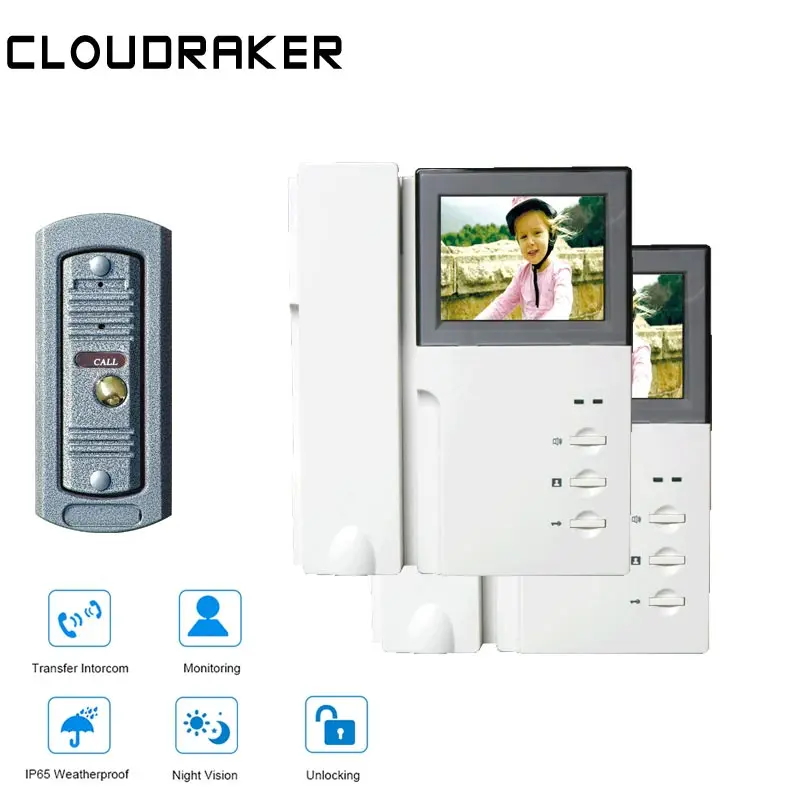 CLOUDRAKER 4,3 ''видеодомофон система 2x монитор с 1x Пинхол Проводной Видео дверной телефон камера ИК ночного видения разблокировка - Цвет: Белый