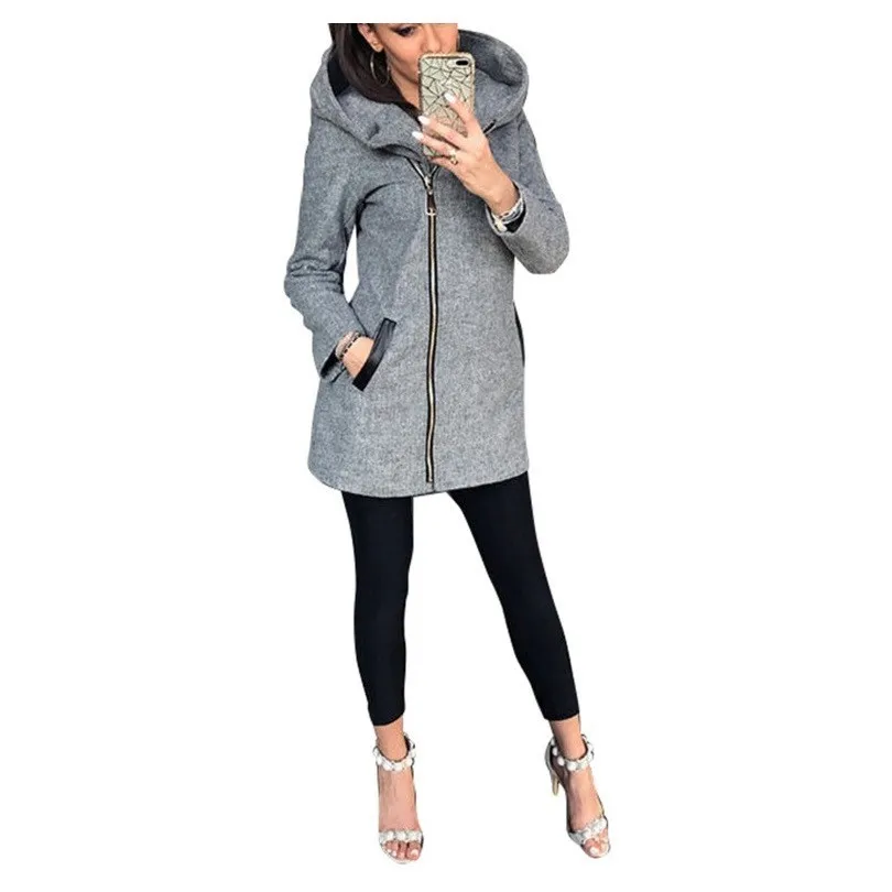 

Autumn Winter Jacket Women Long Sleeve Coat Women Hooded Pockets And Zippers Casual Black Red Solid Slim Women Tops Jacket