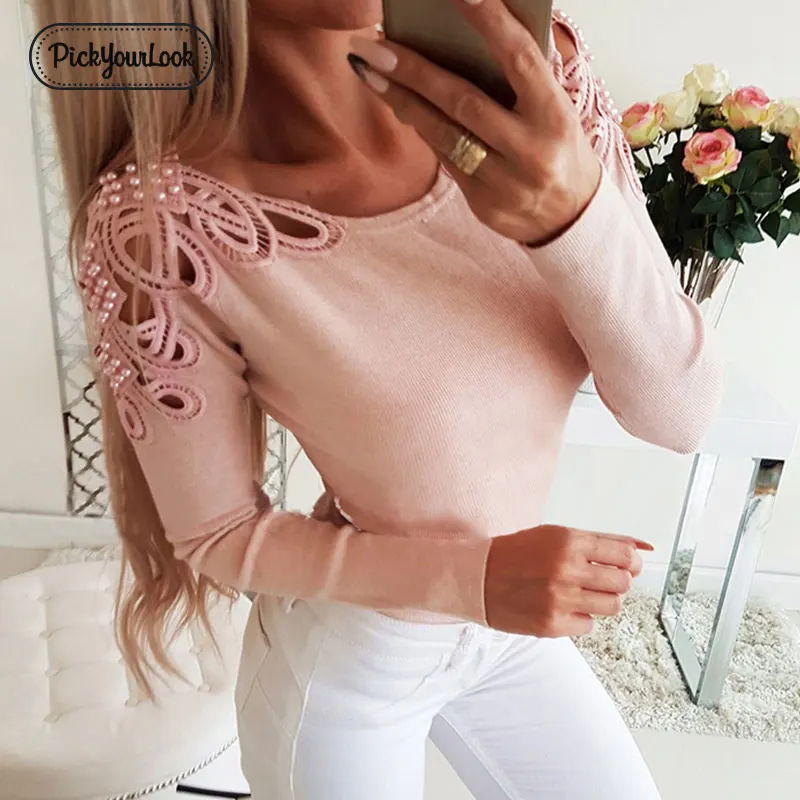 Pickyourlook трикотажные топы для женщин свитер выдалбливают осень жемчуг женский джемпер Трикотаж с длинным рукавом сплошной Дамы Трикотаж Blusas