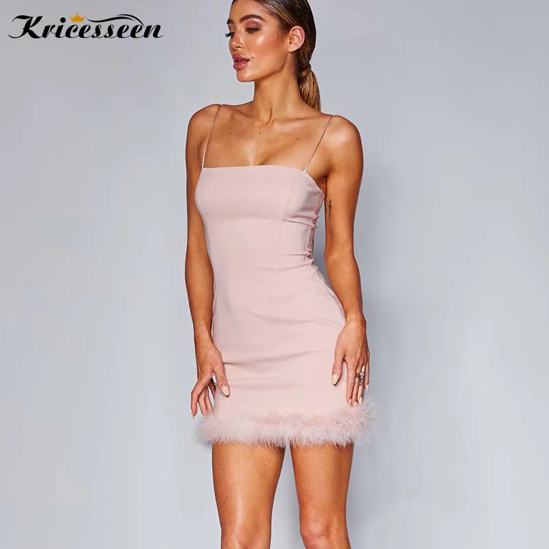 

Kricesseen Sexy Strap Feather Detail Mini Dress Women Summer Solid Stretch Tight Sheath Bodycon Birthday Club Dress Outfits