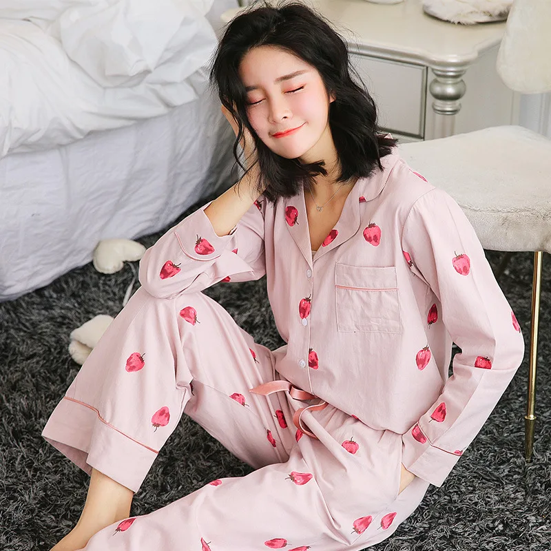 

Strawberry Print Top And pants Pajama Set Women Cotton Pajama Long Sleeve Preppy Pajama Sets Nightwear 2018 Casual Sleepwear