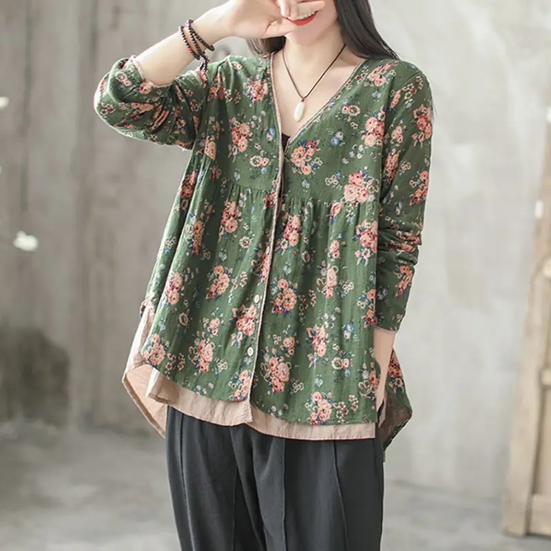 

Mferlier Floral Blouse Women Lace V Neck Long Sleeve High Waist Pleated Loose Cotton Linen Autumn Artsy Ladies Blouses