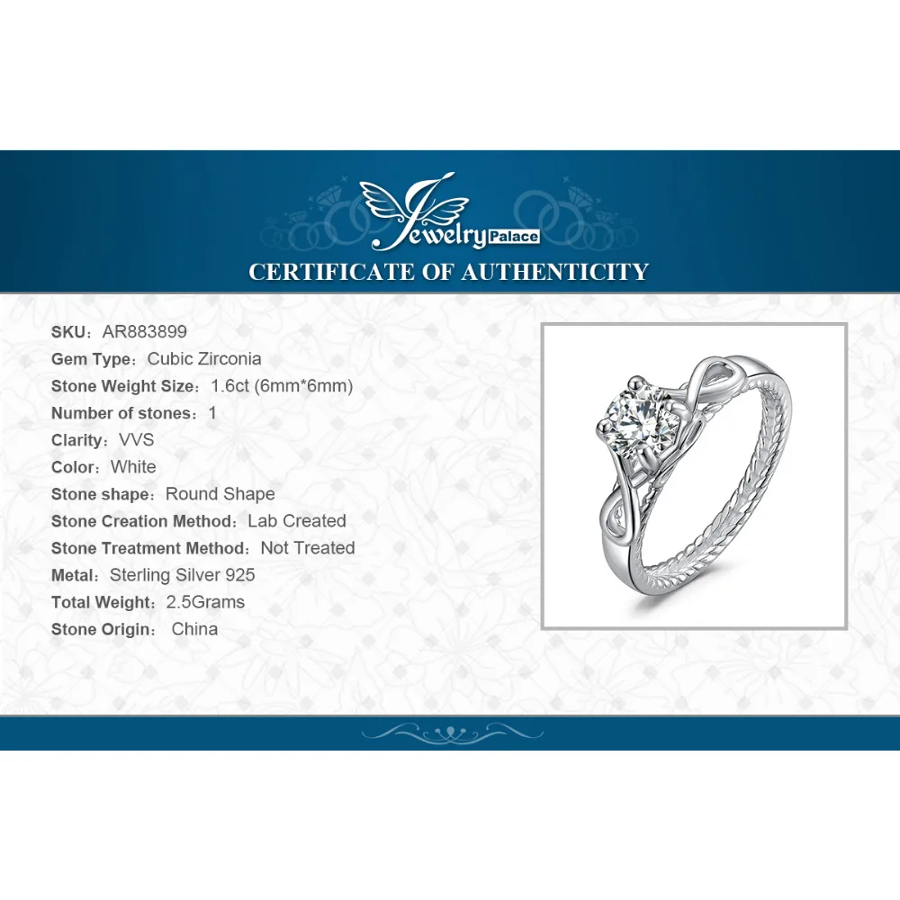 JewelryPalace Infinity 1.6ct Cubic Zirconia 925 Sterling Silver Ring Anniversary Promise Wedding Engagement Rings For Women Gift
