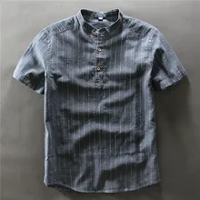 Мужская полосатая рубашка с коротким рукавом, воротник-стойка, хлопок, лен, мужская летняя рубашка в японском стиле, рубашки для мужчин, серый, синий, белый