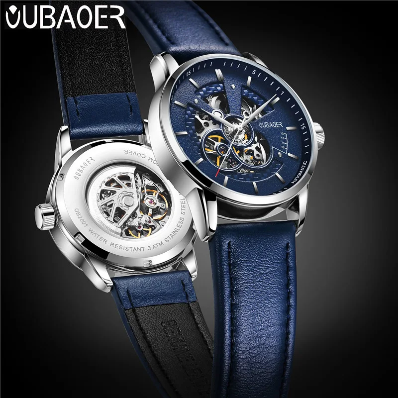 OUBAOER Mens Watches Top Brand Luxury Automatic Mechanical Watch Men Leather Business Waterproof Sport Watches Relogio Masculino