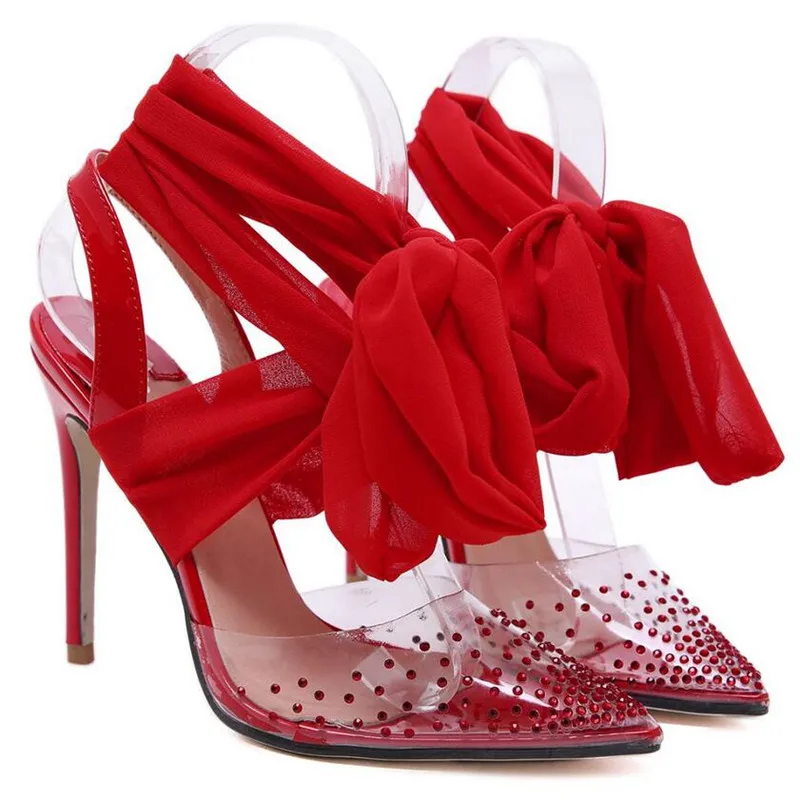 BAYUXSHUO/новые женские туфли на высоком каблуке, шарф со стразами, с бантом, с острым носком, на шпильках, сандалии, туфли-лодочки на шнуровке, женская свадебная обувь