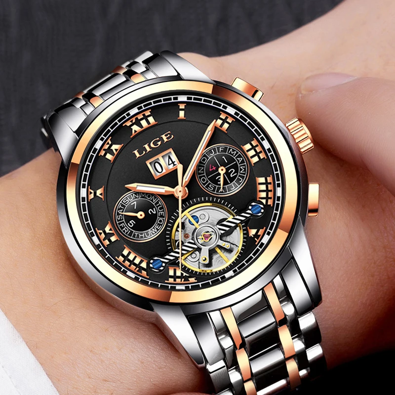 

Relogio Masculino brand Watch LIGE Men Luxury Automatic Mechanical Watch Men Rose Gold Stainless Steel Clock Business Watches