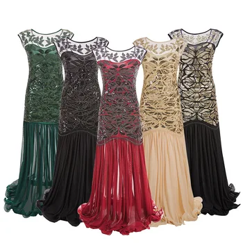 

Hot style party deess annual dinner long dress 1920 vintage sequins nail bead gauze lotus leaf dress