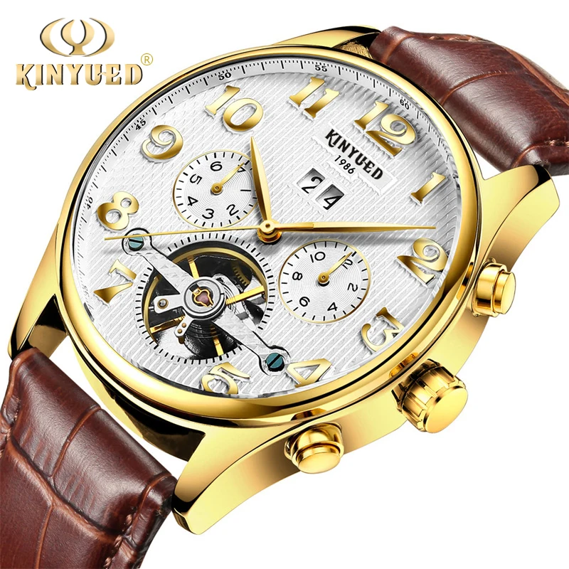 

Kinyued Mechanical Watches Men Automatic Self-wind Gold Hand Watch Skeleton Male Leather Strap Tourbillon Waterproof Wristwater