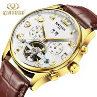 Kinyued Mechanical Watches Men Automatic Self-wind Gold Hand Watch Skeleton Male Leather Strap Tourbillon Waterproof Wristwater