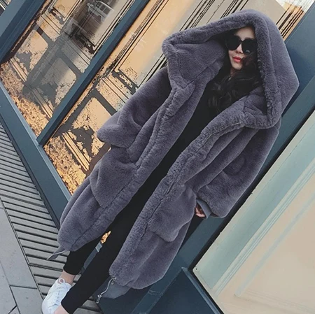 CamKemsey, новинка, элегантное серое длинное зимнее пальто из искусственного меха, женское осеннее повседневное пальто с карманами, большие размеры, толстые теплые плюшевые меховые пальто с капюшоном - Цвет: Gray