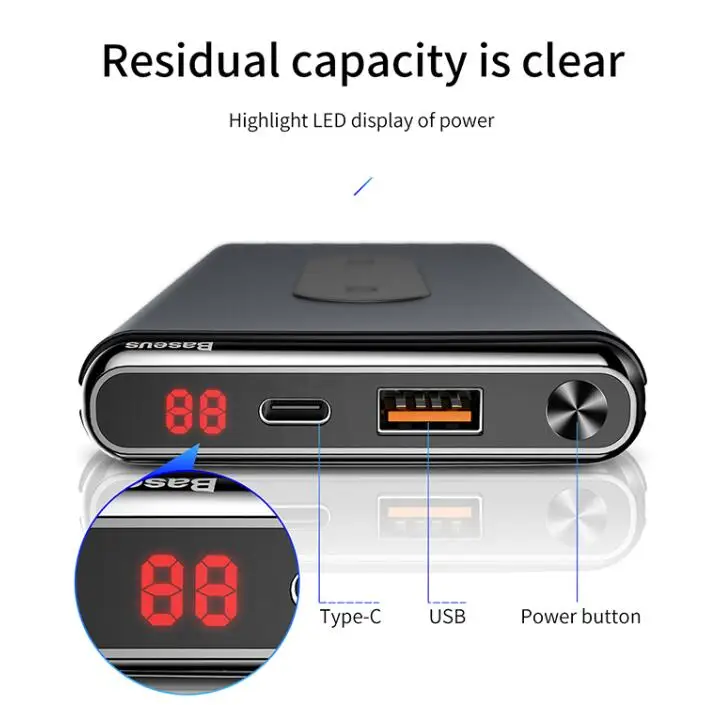 Baseus 10000 mAh power Bank QI Беспроводное зарядное устройство для iPhone samsung huawei PD+ QC3.0 Быстрая зарядка портативный внешний аккумулятор type-C порт - Цвет: black