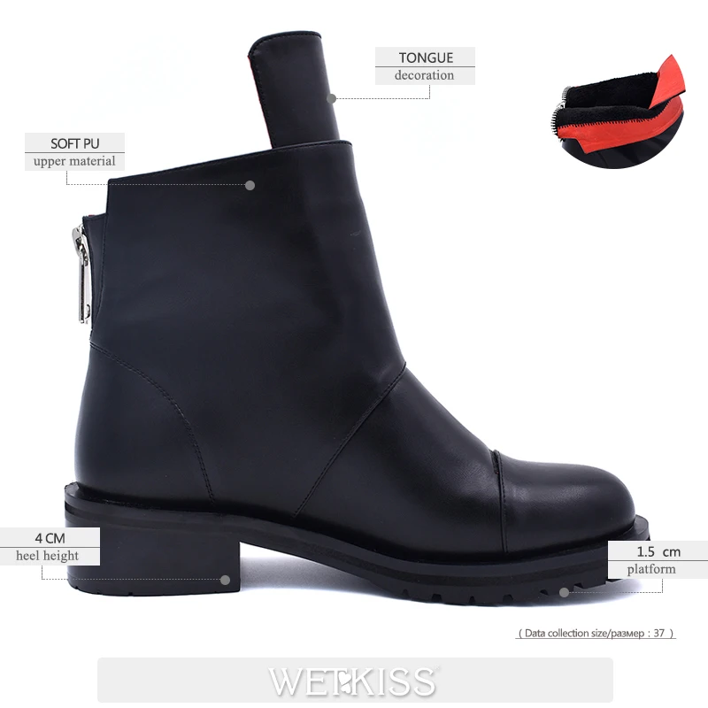 WETKISS/зимние женские ботильоны; обувь из искусственной кожи с круглым носком на молнии; женские резиновые ботинки на платформе; обувь на толстом каблуке средней высоты; коллекция года; Цвет Черный