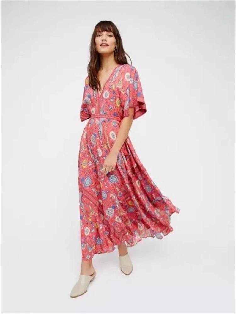 Vestido Long Flower Dress Retro Bohemian Maxi Dress Sexy Ethnic Deep V-neck Floral Print Beach Dresses Boho Hippie Robe (3)