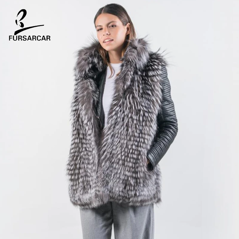 

FURSARCAR 2019 New Luxury Real Natural Silver Fox Fur Vest For Women Winter With Genuine Fur Collar Gilet Full Pelt Waistcoat